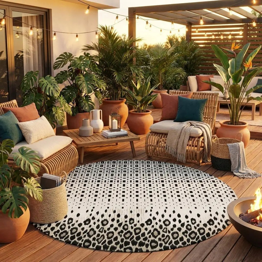 8' Ivory And Graphite Round Geometric Washable Indoor Outdoor Area Rug Homeroots Outdoor