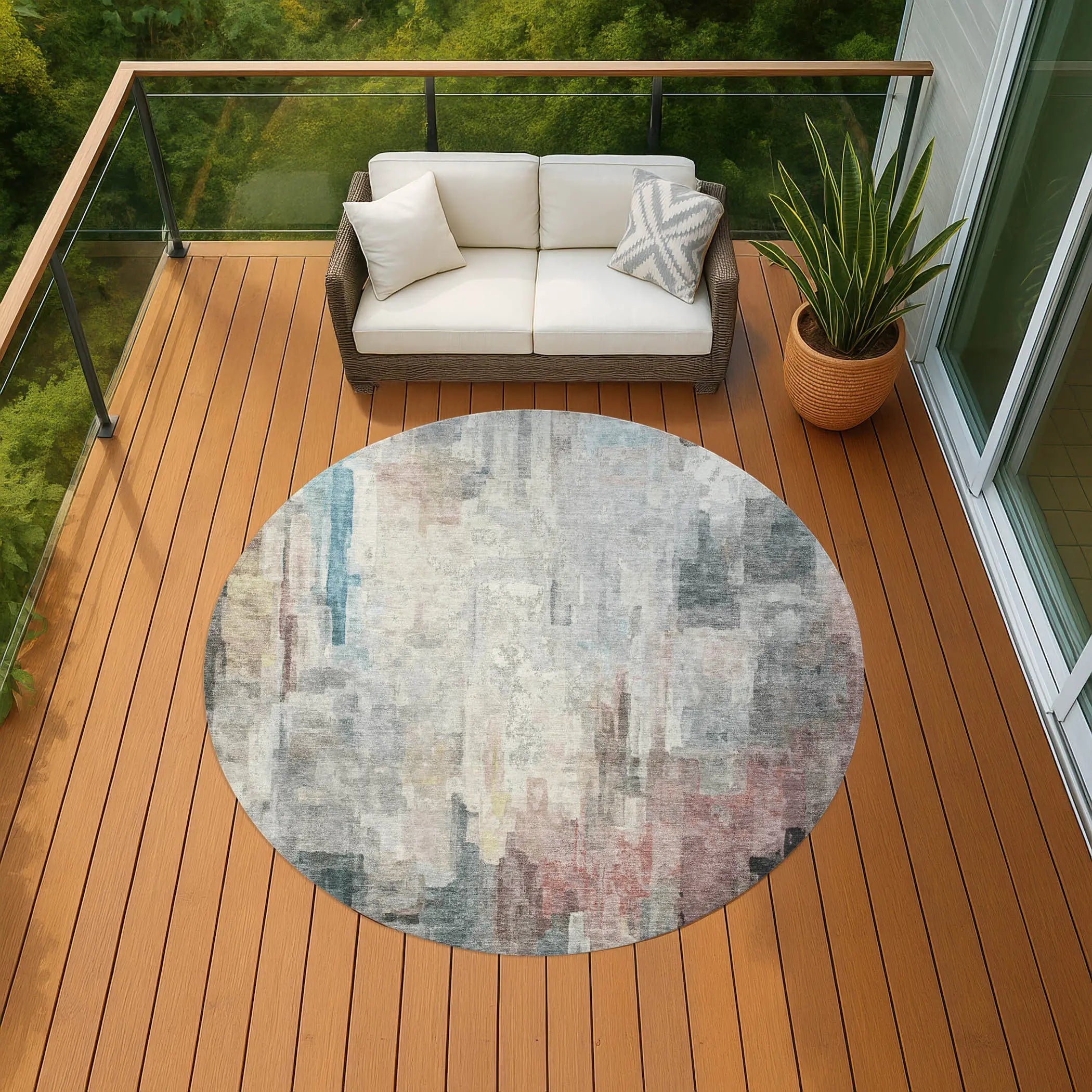 8' Ivory And Gray Round Abstract Washable Indoor Outdoor Area Rug Homeroots Outdoor
