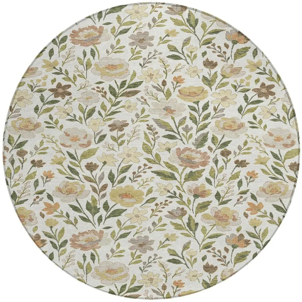 8' Ivory And Gray Round Floral Washable Indoor Outdoor Area Rug Homeroots Outdoor
