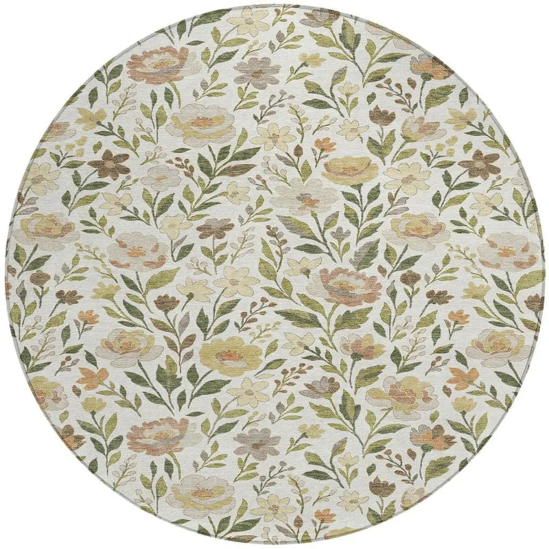 8' Ivory And Gray Round Floral Washable Indoor Outdoor Area Rug Homeroots Outdoor