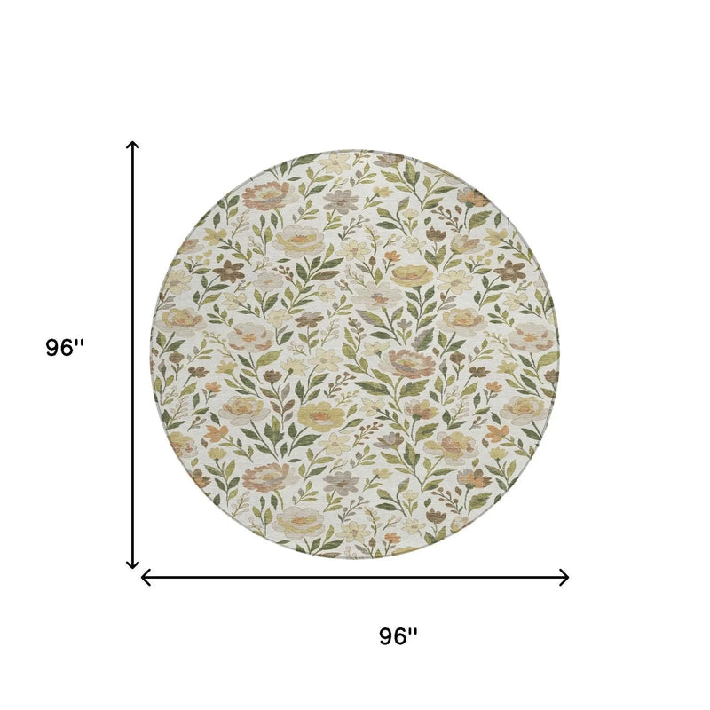 8' Ivory And Gray Round Floral Washable Indoor Outdoor Area Rug Homeroots Outdoor