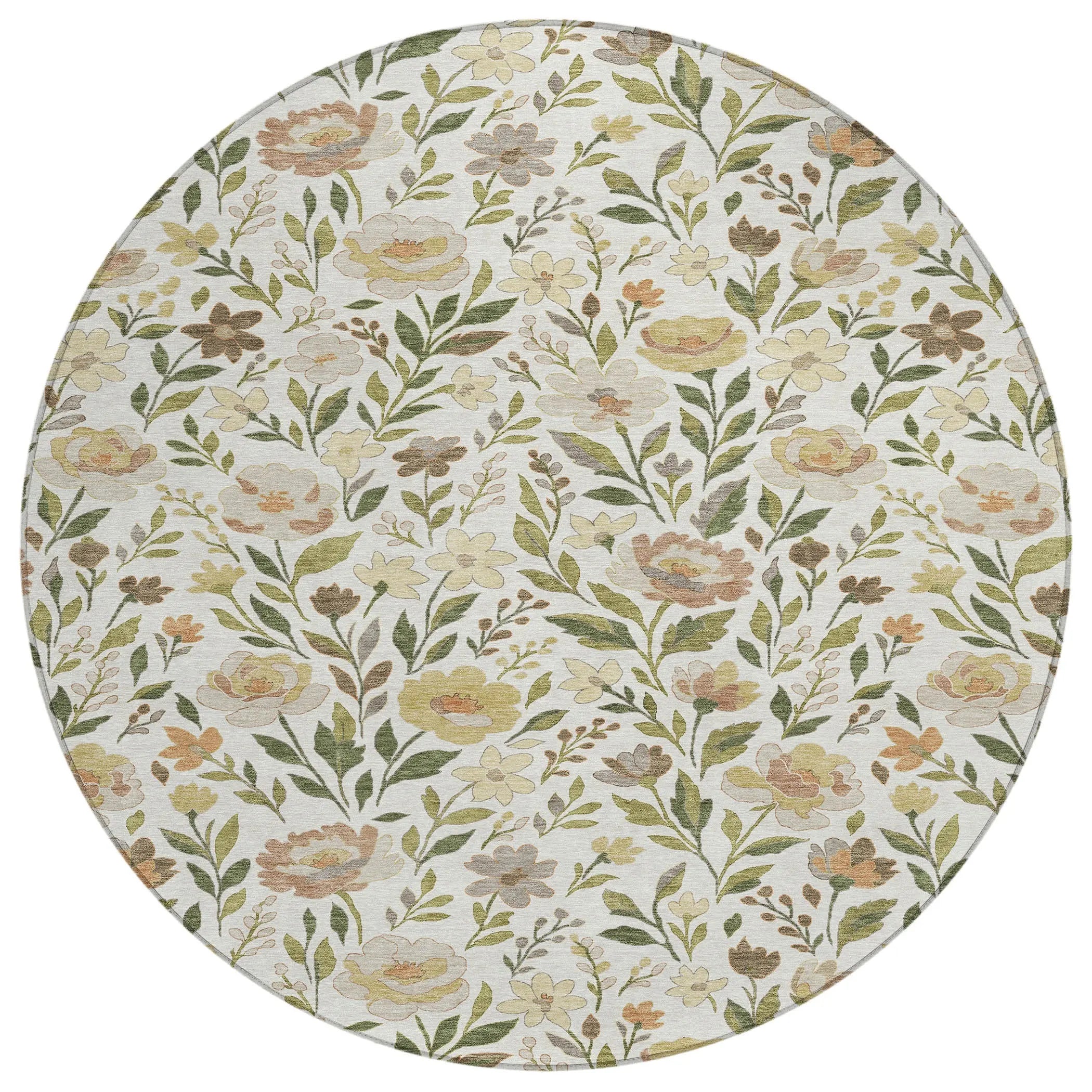 8' Ivory And Gray Round Floral Washable Indoor Outdoor Area Rug Homeroots Outdoor