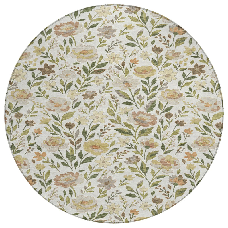 8' Ivory And Gray Round Floral Washable Indoor Outdoor Area Rug Homeroots Outdoor