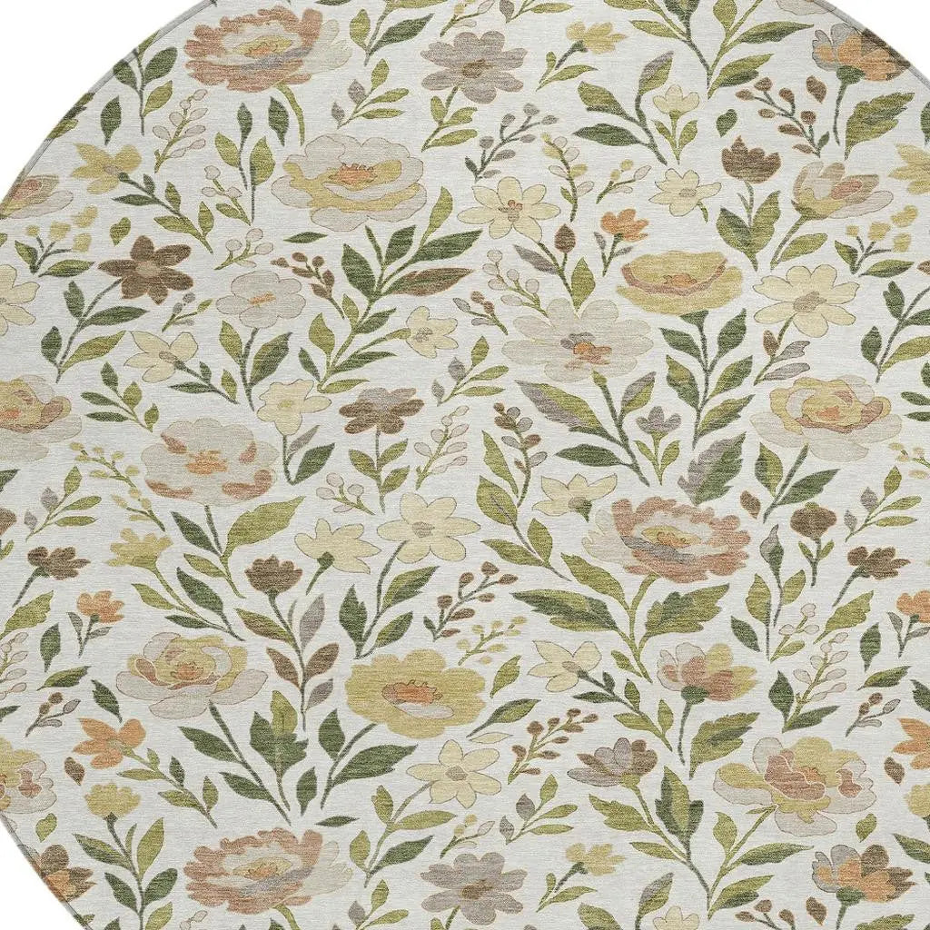 8' Ivory And Gray Round Floral Washable Indoor Outdoor Area Rug Homeroots Outdoor