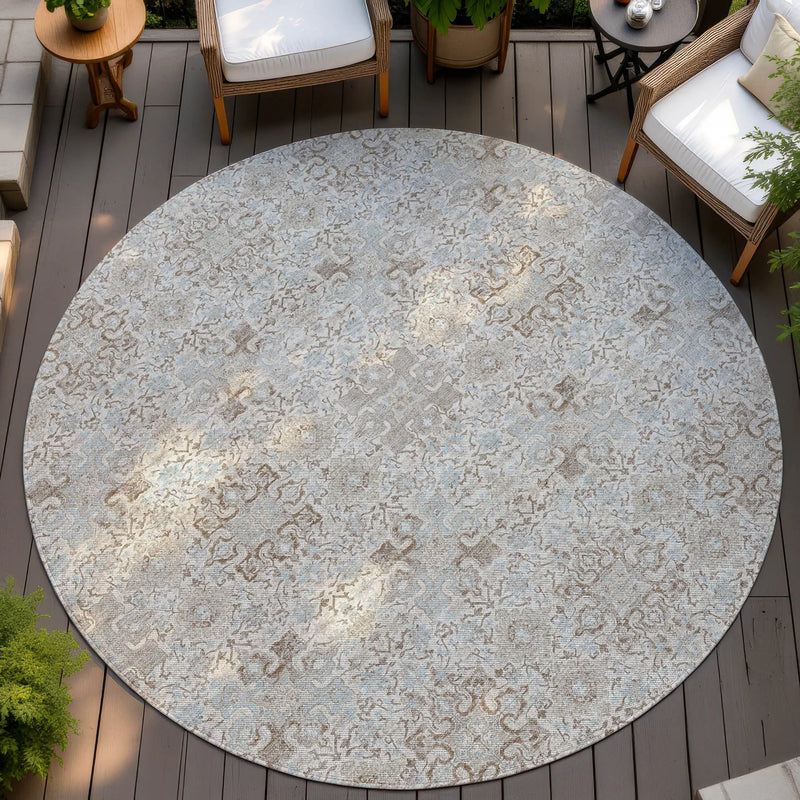 8' Ivory And Gray Round Oriental Washable Indoor Outdoor Area Rug Homeroots Outdoor