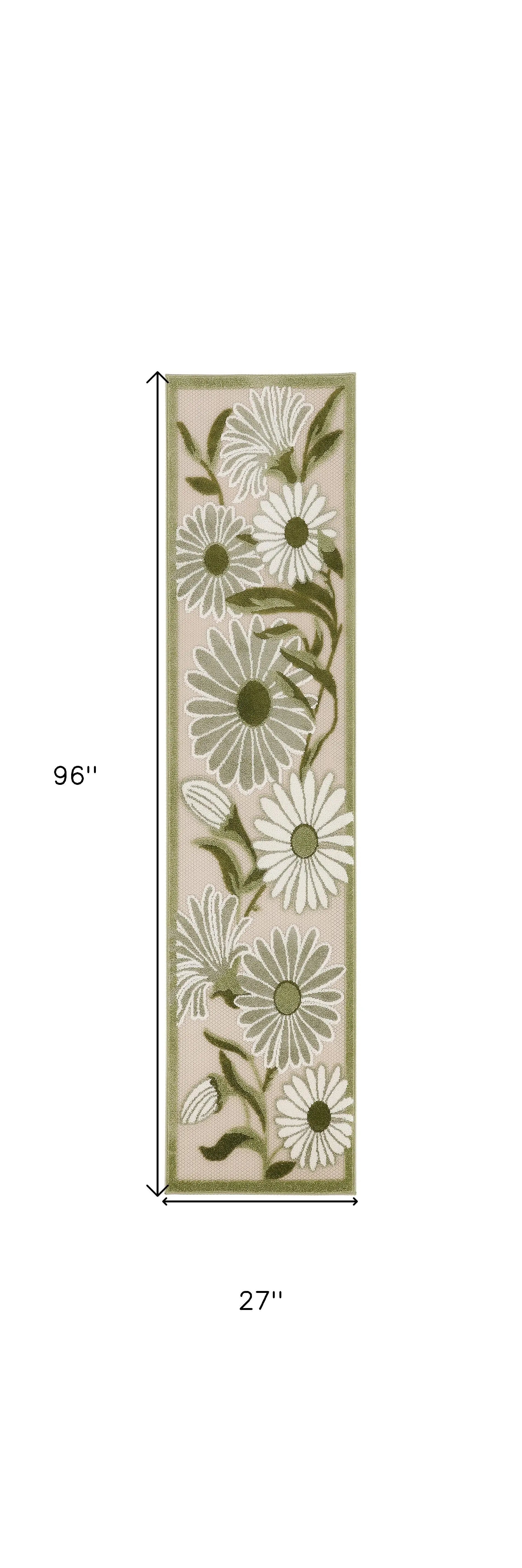 8' Ivory And Green Floral Indoor Outdoor Runner Rug Homeroots Outdoor