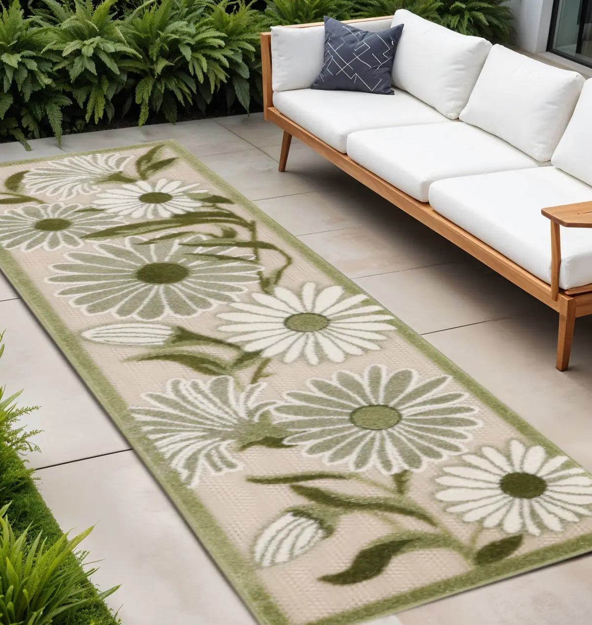 8' Ivory And Green Floral Indoor Outdoor Runner Rug Homeroots Outdoor