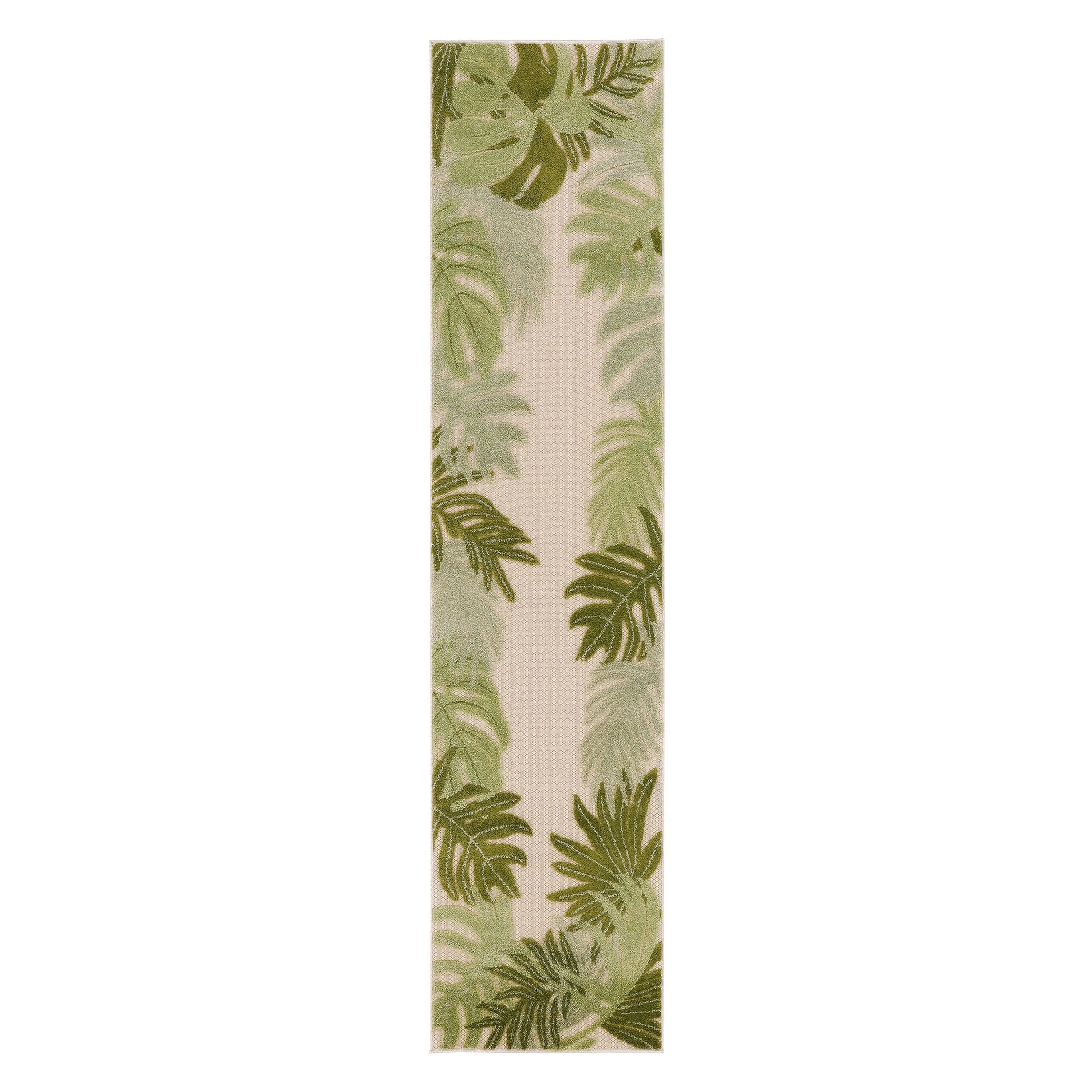 8' Ivory And Green Palm Leaf Indoor Outdoor Runner Rug Homeroots Outdoor