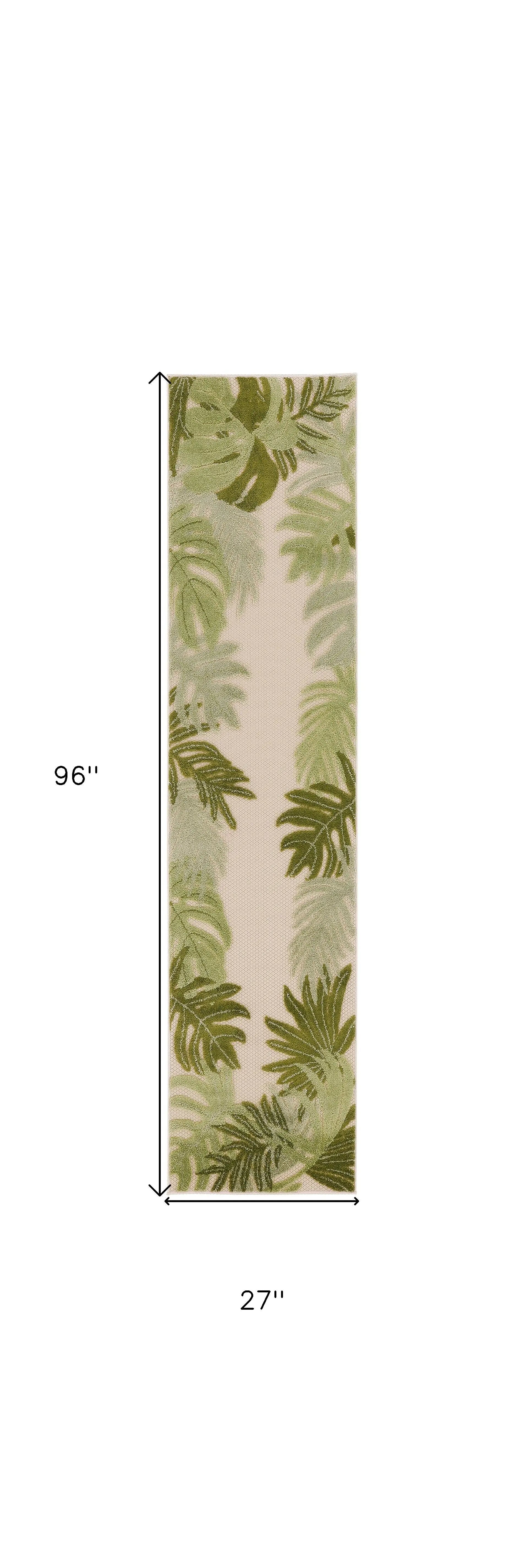 8' Ivory And Green Palm Leaf Indoor Outdoor Runner Rug Homeroots Outdoor