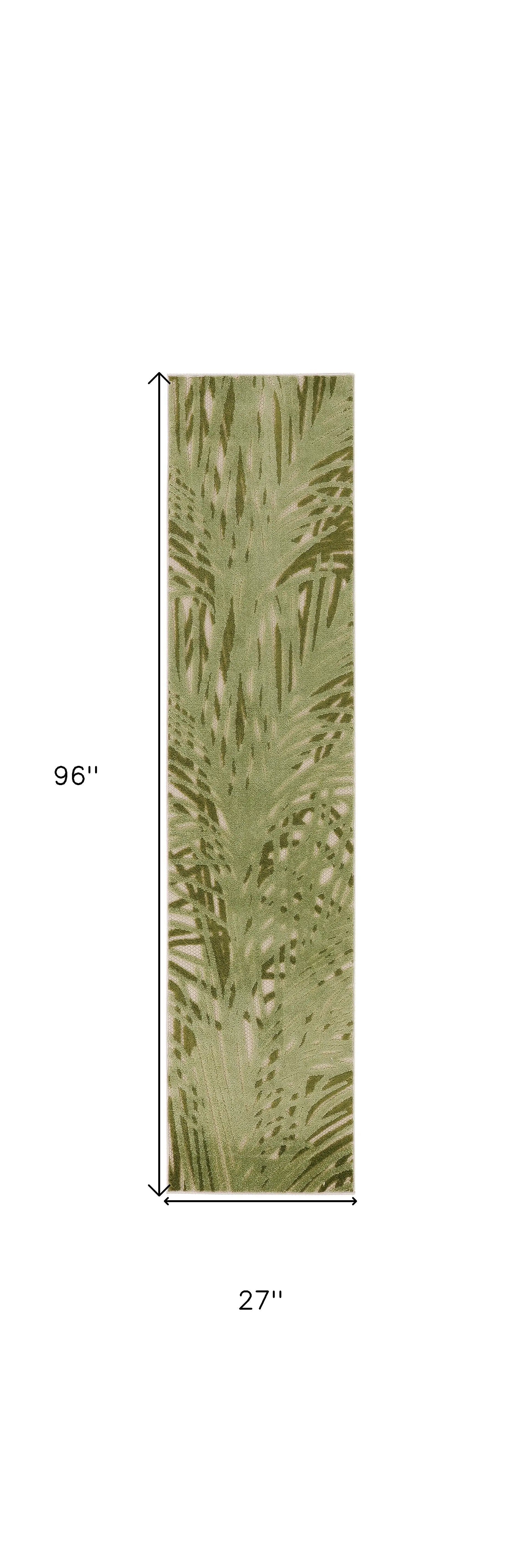 8' Ivory And Green Palm Leaf Indoor Outdoor Runner Rug Homeroots Outdoor