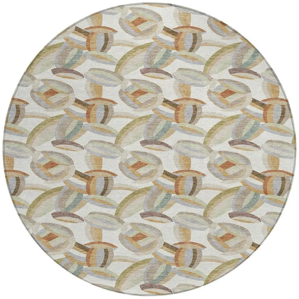 8' Ivory And Green Round Abstract Washable Indoor Outdoor Area Rug Homeroots Outdoor