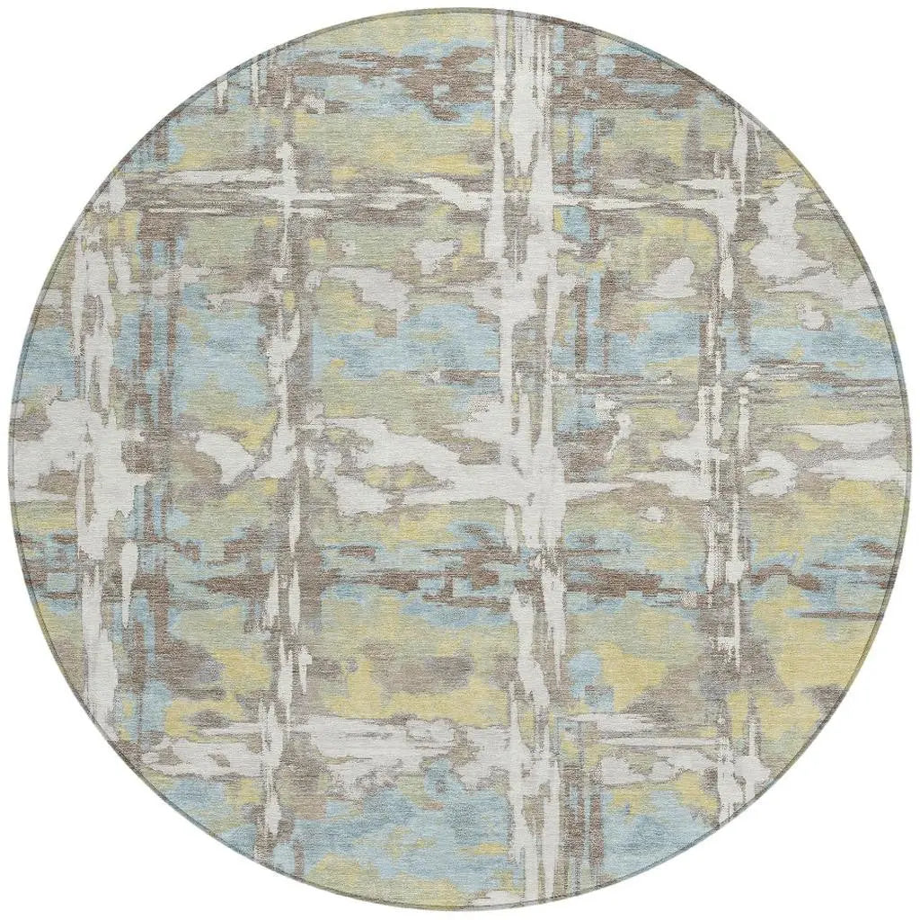 8' Ivory And Green Round Abstract Washable Indoor Outdoor Area Rug Homeroots Outdoor