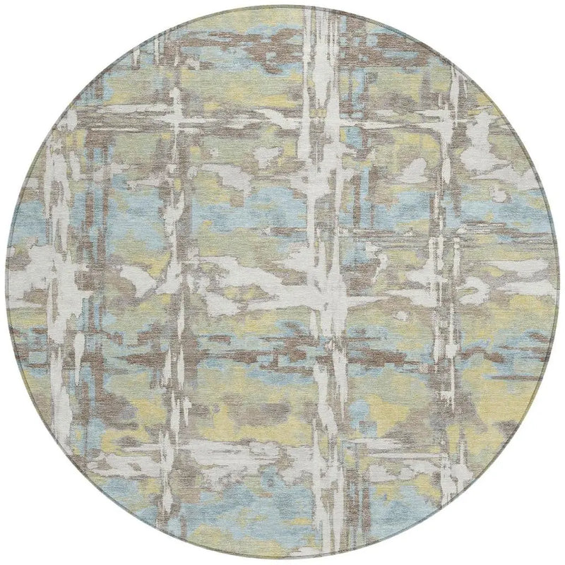 8' Ivory And Green Round Abstract Washable Indoor Outdoor Area Rug Homeroots Outdoor