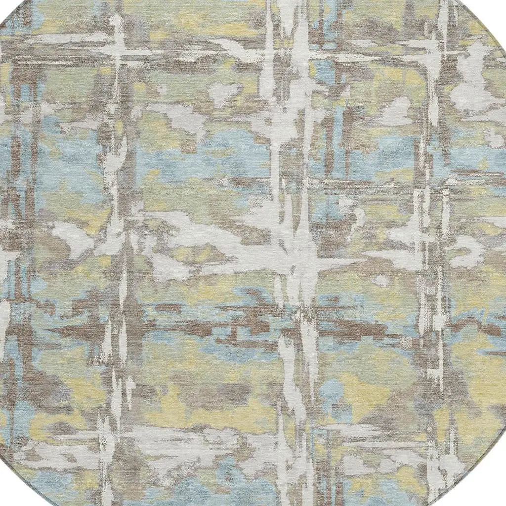 8' Ivory And Green Round Abstract Washable Indoor Outdoor Area Rug Homeroots Outdoor