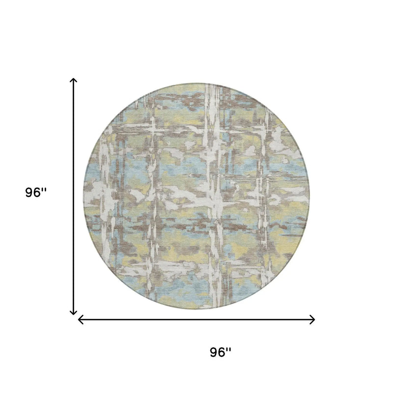 8' Ivory And Green Round Abstract Washable Indoor Outdoor Area Rug Homeroots Outdoor
