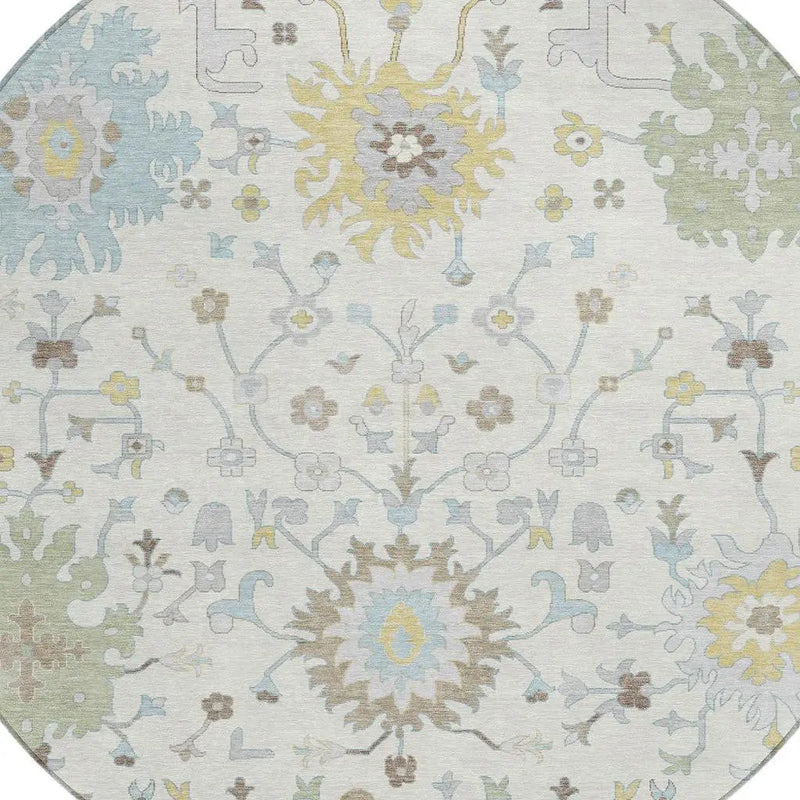 8' Ivory And Green Round Faux Bois Washable Indoor Outdoor Area Rug Homeroots Outdoor