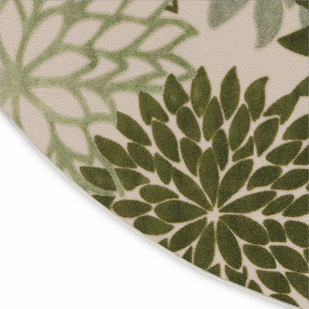 8' Ivory And Green Round Floral Indoor Outdoor Area Rug Homeroots Outdoor