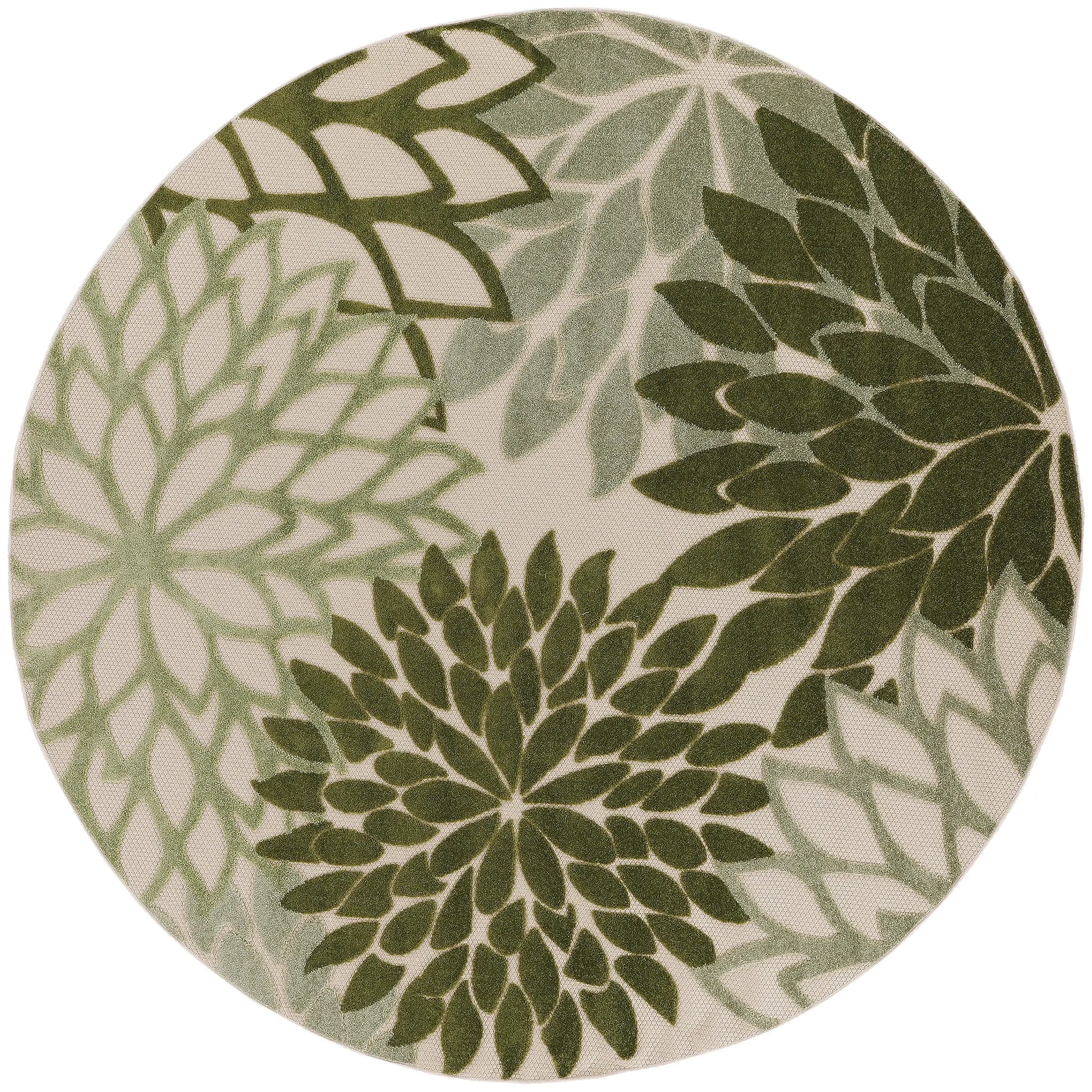 8' Ivory And Green Round Floral Indoor Outdoor Area Rug Homeroots Outdoor