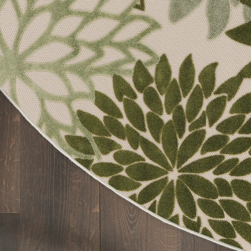 8' Ivory And Green Round Floral Indoor Outdoor Area Rug Homeroots Outdoor