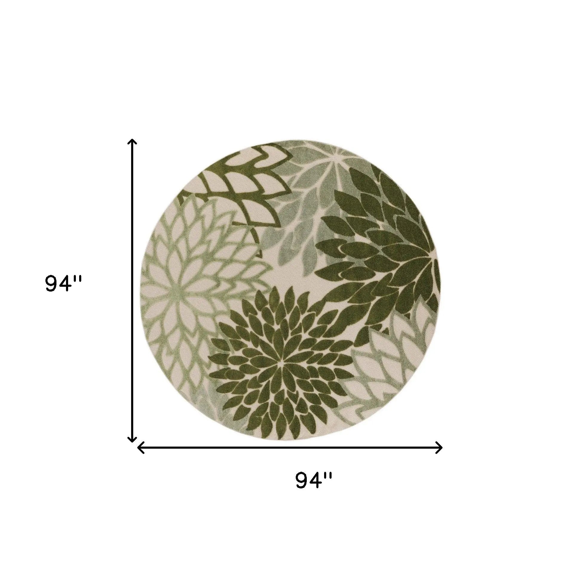 8' Ivory And Green Round Floral Indoor Outdoor Area Rug Homeroots Outdoor