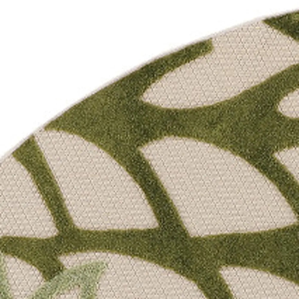 8' Ivory And Green Round Floral Indoor Outdoor Area Rug Homeroots Outdoor