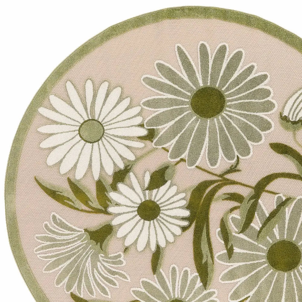 8' Ivory And Green Round Floral Indoor Outdoor Area Rug Homeroots Outdoor