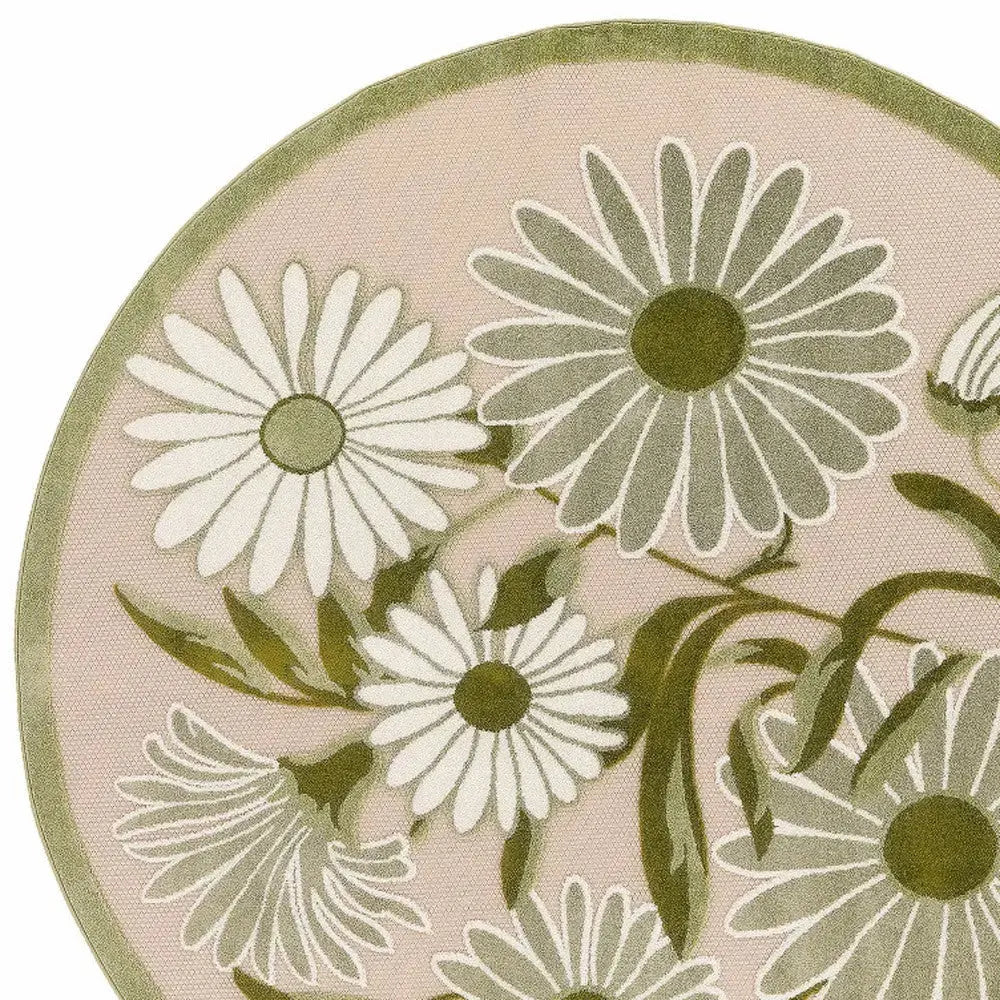 8' Ivory And Green Round Floral Indoor Outdoor Area Rug Homeroots Outdoor