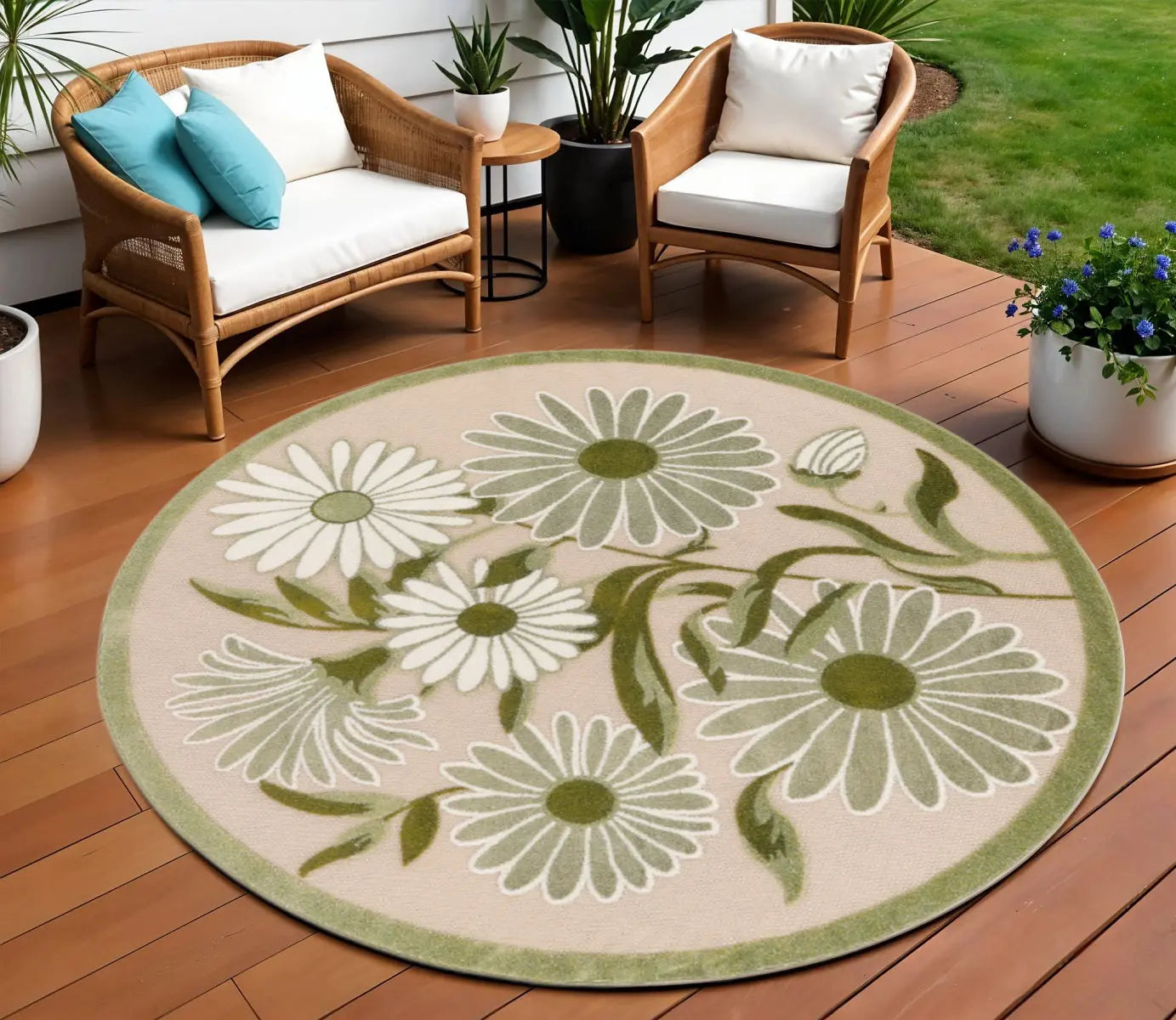 8' Ivory And Green Round Floral Indoor Outdoor Area Rug Homeroots Outdoor