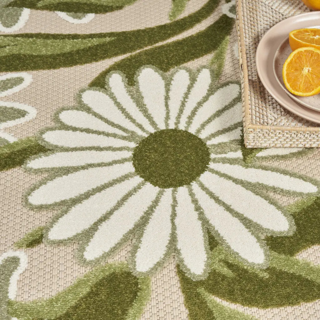 8' Ivory And Green Round Floral Indoor Outdoor Area Rug Homeroots Outdoor