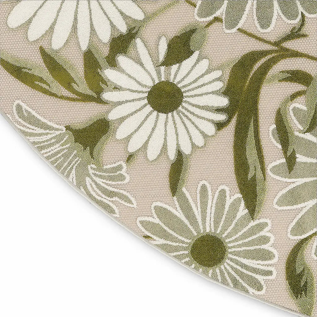 8' Ivory And Green Round Floral Indoor Outdoor Area Rug Homeroots Outdoor