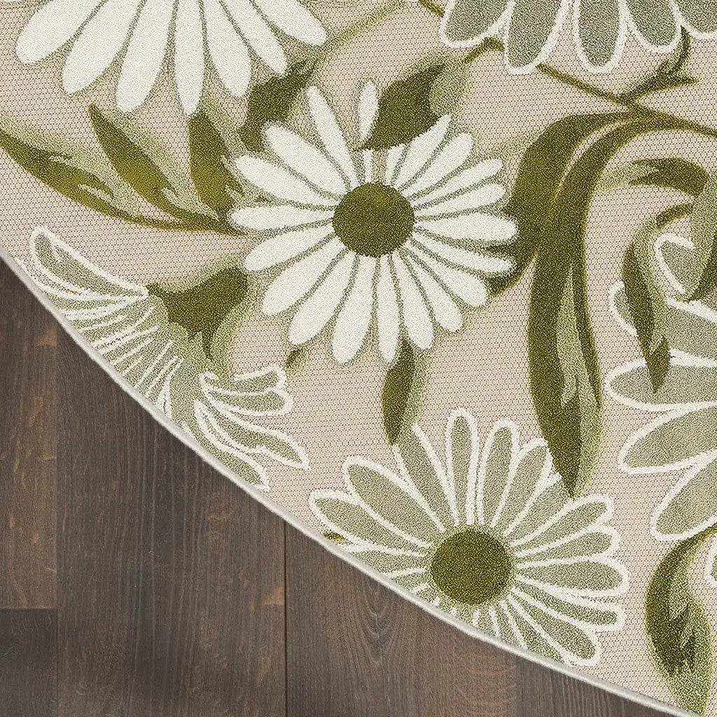 8' Ivory And Green Round Floral Indoor Outdoor Area Rug Homeroots Outdoor