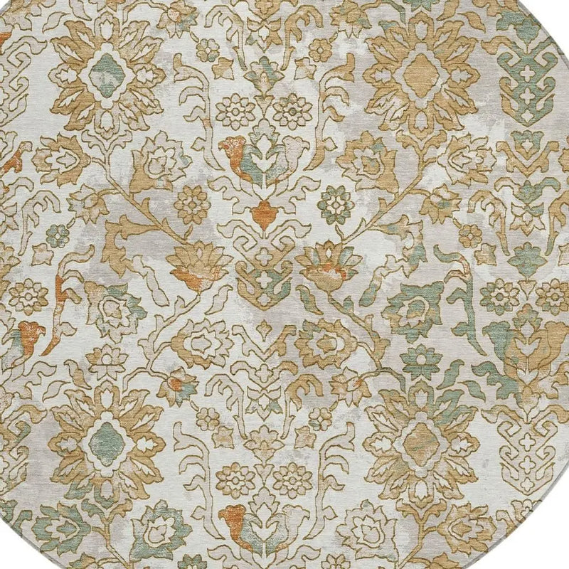 8' Ivory And Green Round Geometric Washable Indoor Outdoor Area Rug Homeroots Outdoor