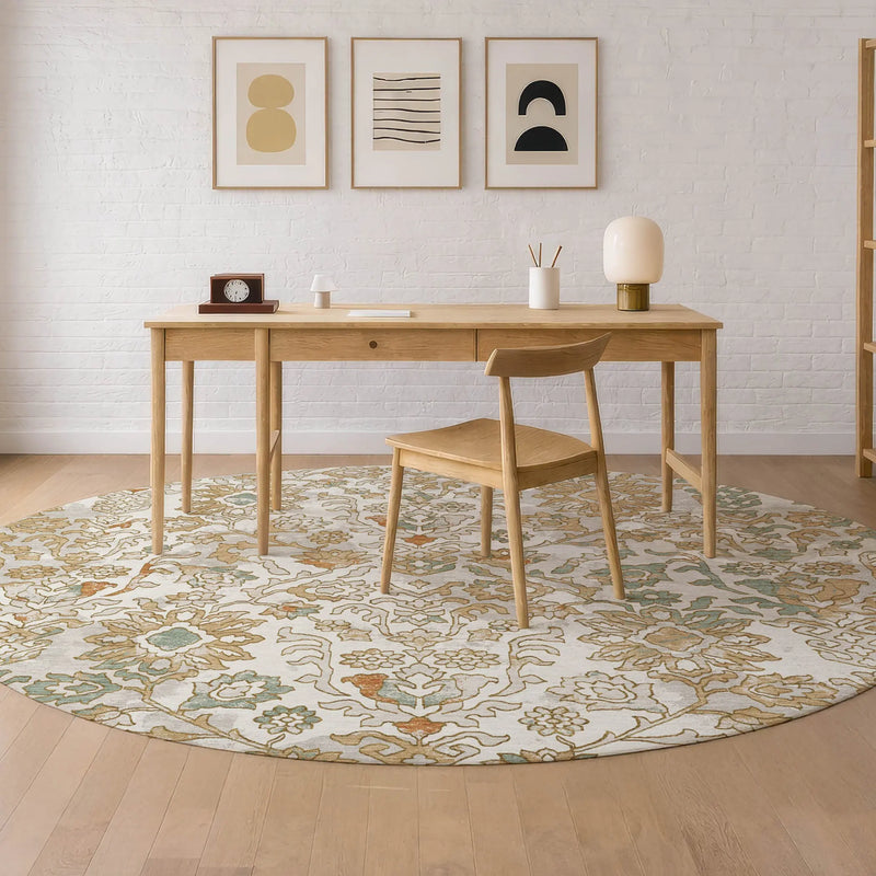8' Ivory And Green Round Geometric Washable Indoor Outdoor Area Rug Homeroots Outdoor