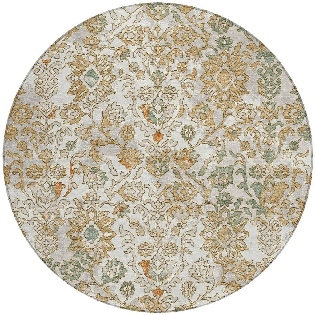 8' Ivory And Green Round Geometric Washable Indoor Outdoor Area Rug Homeroots Outdoor