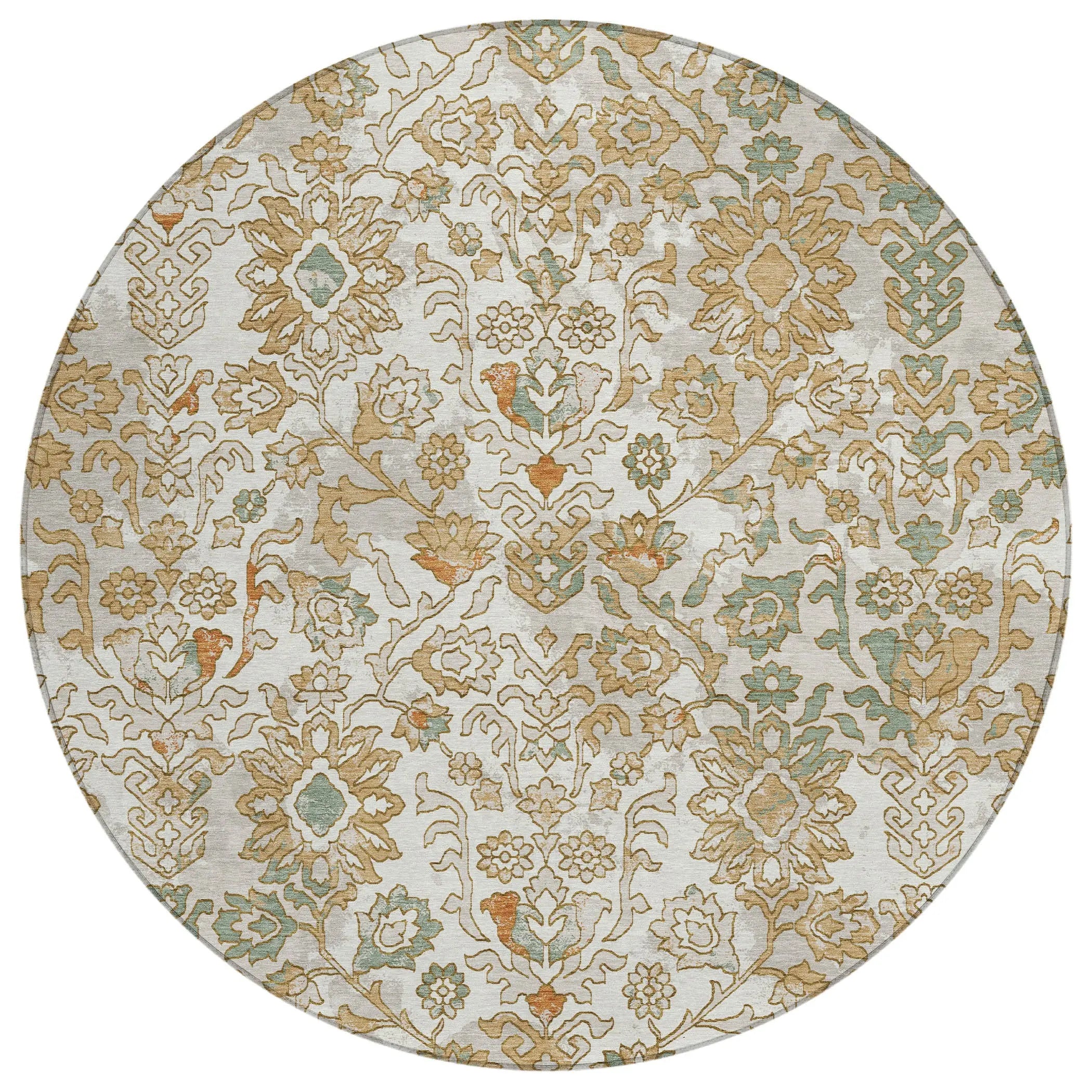 8' Ivory And Green Round Geometric Washable Indoor Outdoor Area Rug Homeroots Outdoor