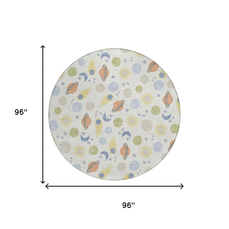 8' Ivory And Green Round Geometric Washable Indoor Outdoor Area Rug Homeroots Outdoor