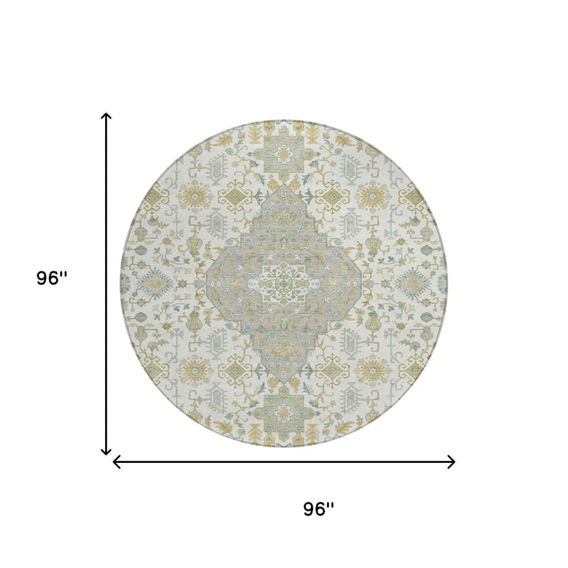 8' Ivory And Green Round Medallion Washable Indoor Outdoor Area Rug Homeroots Outdoor