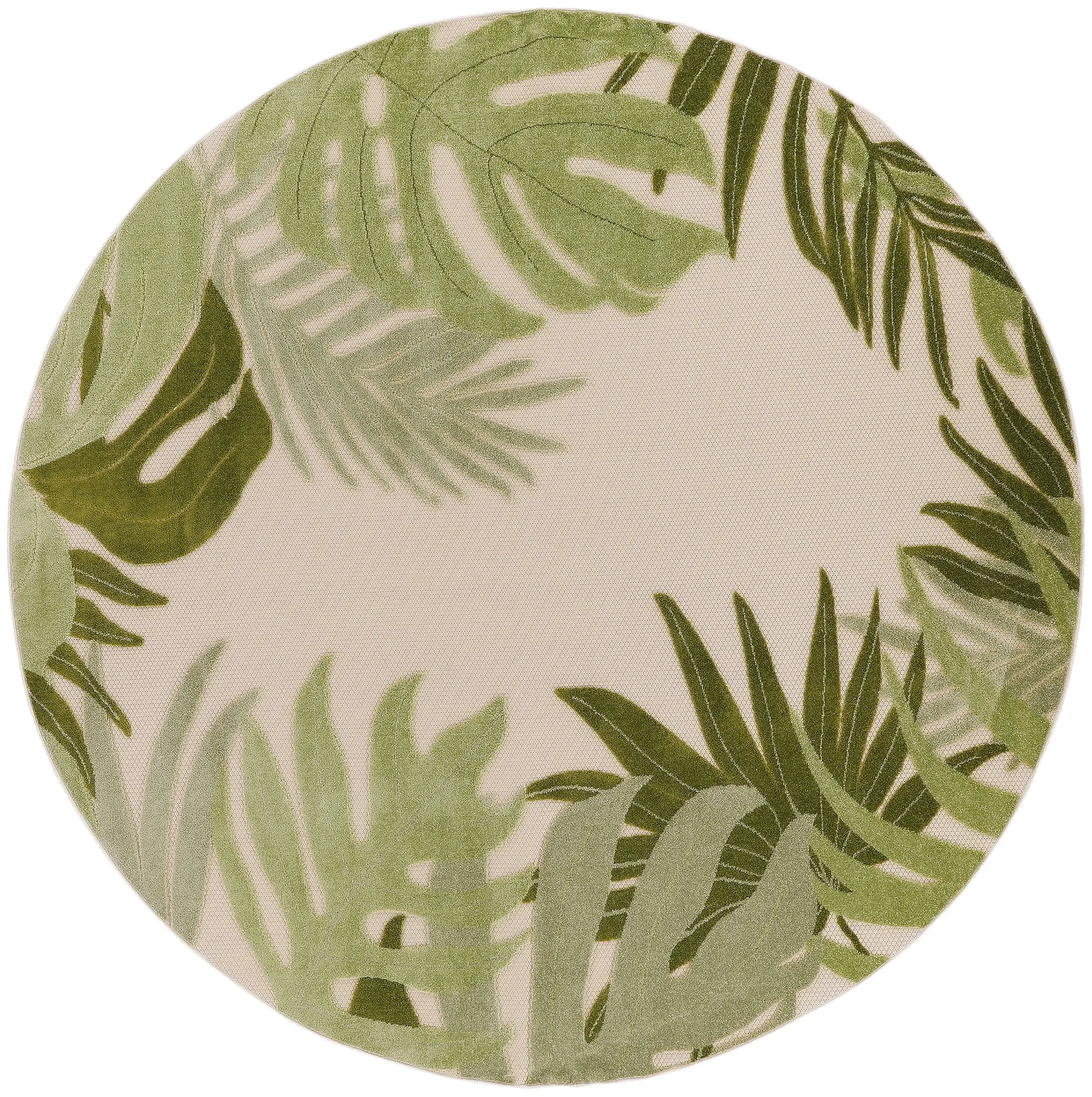 8' Ivory And Green Round Palm Leaf Indoor Outdoor Area Rug Homeroots Outdoor