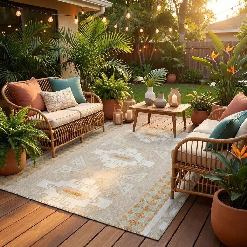 8' Ivory And Green Round Tribal Washable Indoor Outdoor Area Rug Homeroots Outdoor