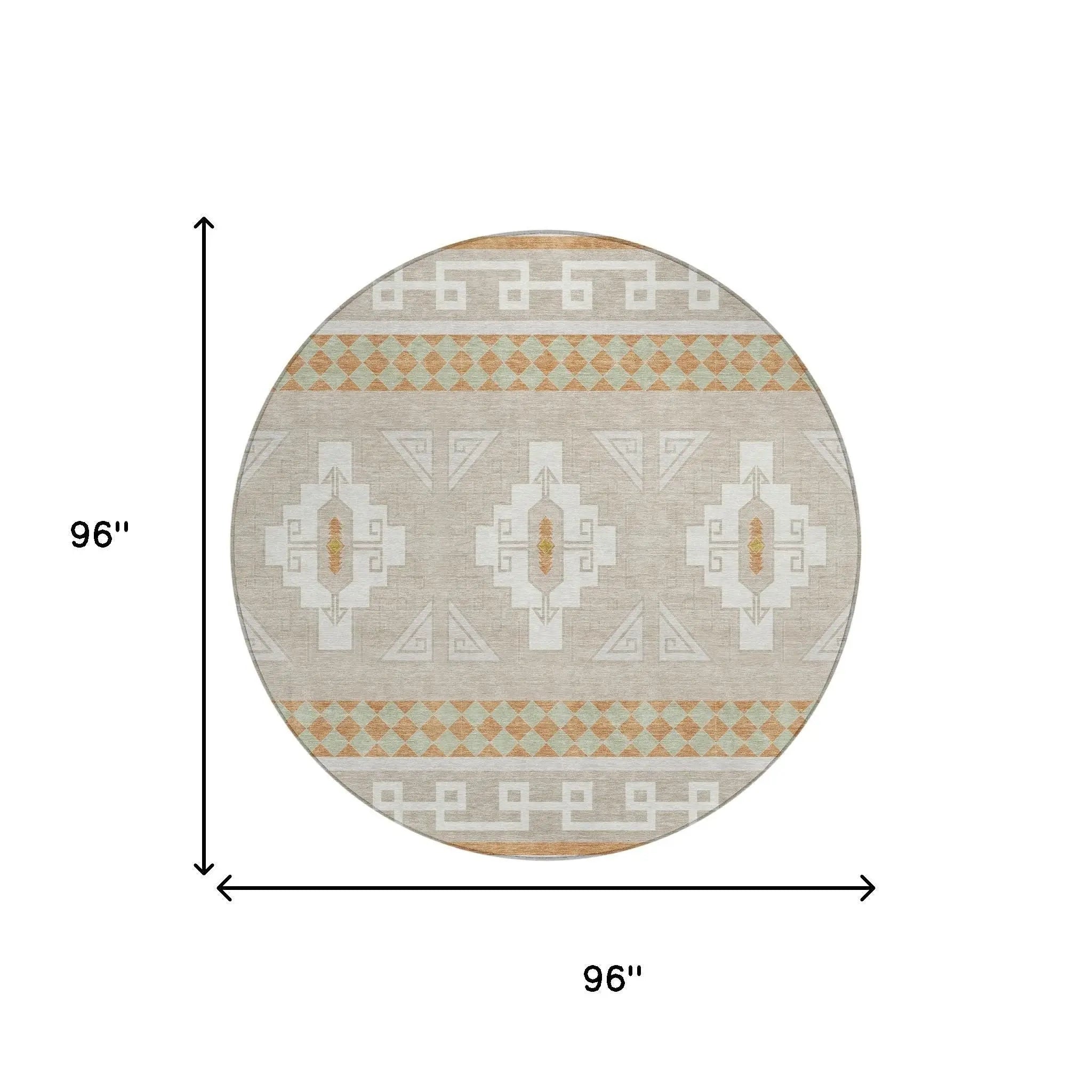 8' Ivory And Green Round Tribal Washable Indoor Outdoor Area Rug Homeroots Outdoor