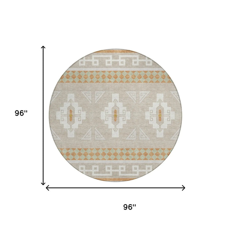 8' Ivory And Green Round Tribal Washable Indoor Outdoor Area Rug Homeroots Outdoor