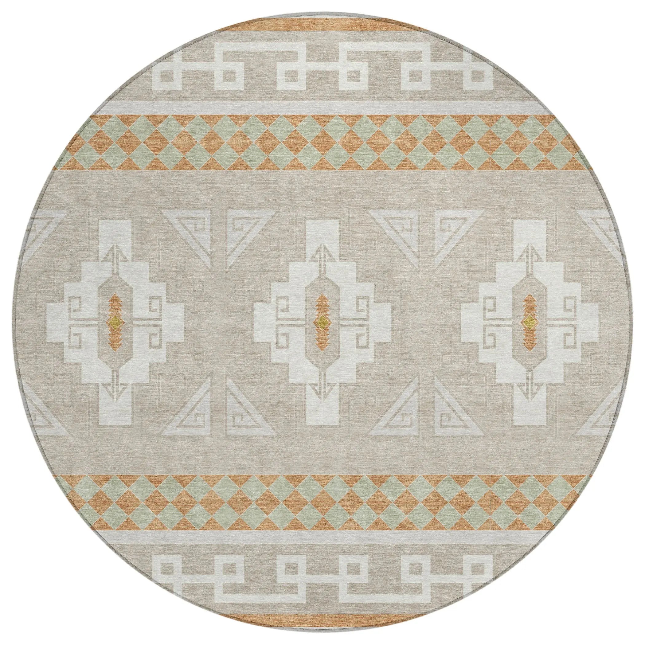 8' Ivory And Green Round Tribal Washable Indoor Outdoor Area Rug Homeroots Outdoor