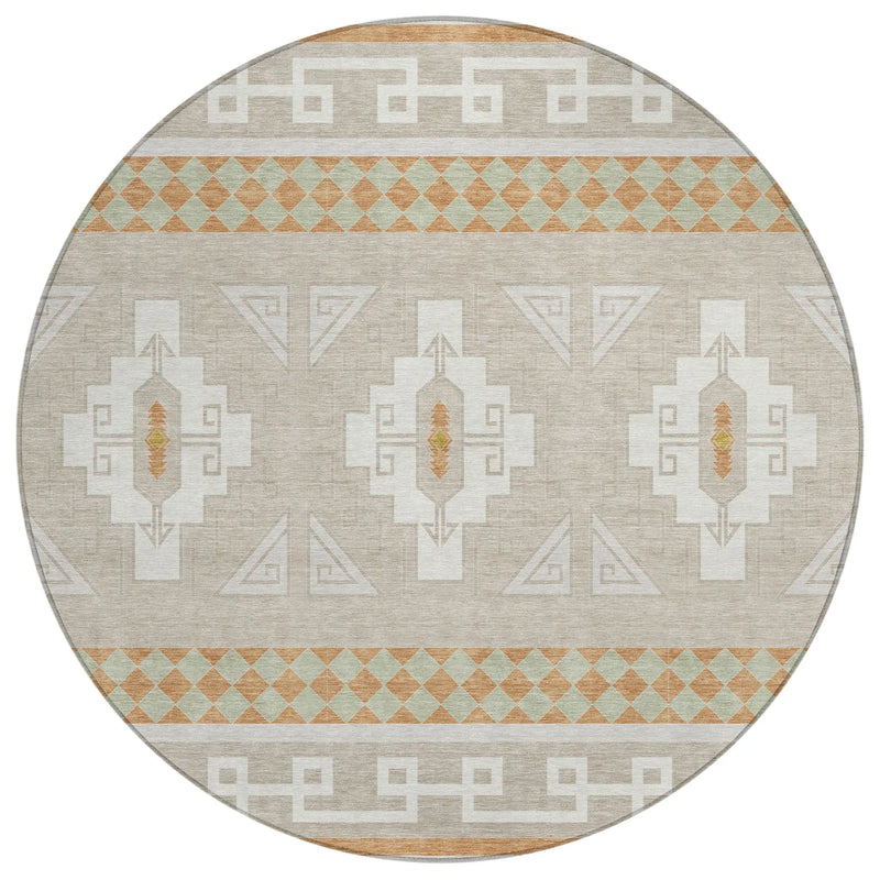 8' Ivory And Green Round Tribal Washable Indoor Outdoor Area Rug Homeroots Outdoor