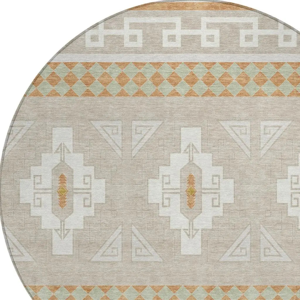8' Ivory And Green Round Tribal Washable Indoor Outdoor Area Rug Homeroots Outdoor
