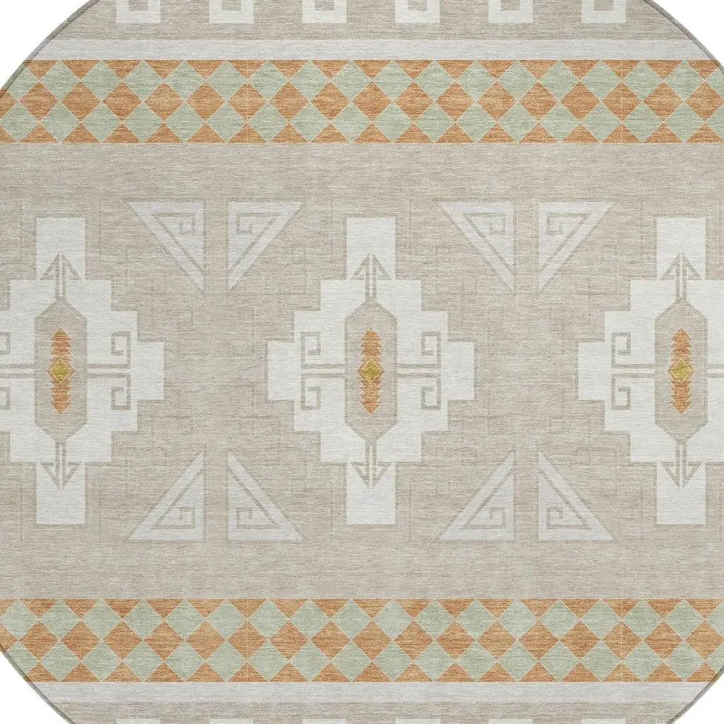 8' Ivory And Green Round Tribal Washable Indoor Outdoor Area Rug Homeroots Outdoor