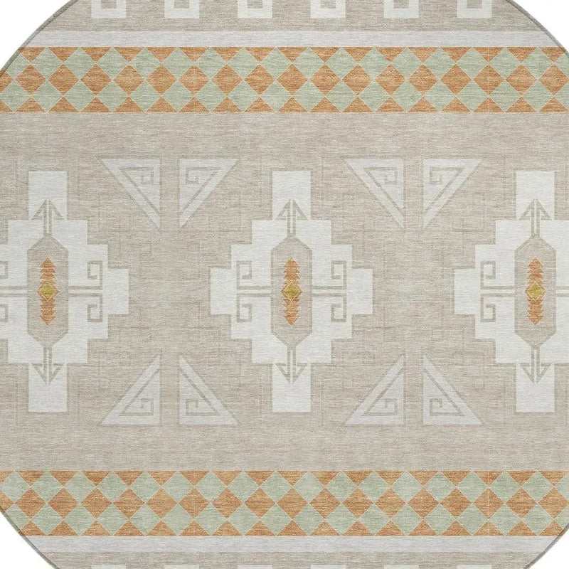 8' Ivory And Green Round Tribal Washable Indoor Outdoor Area Rug Homeroots Outdoor