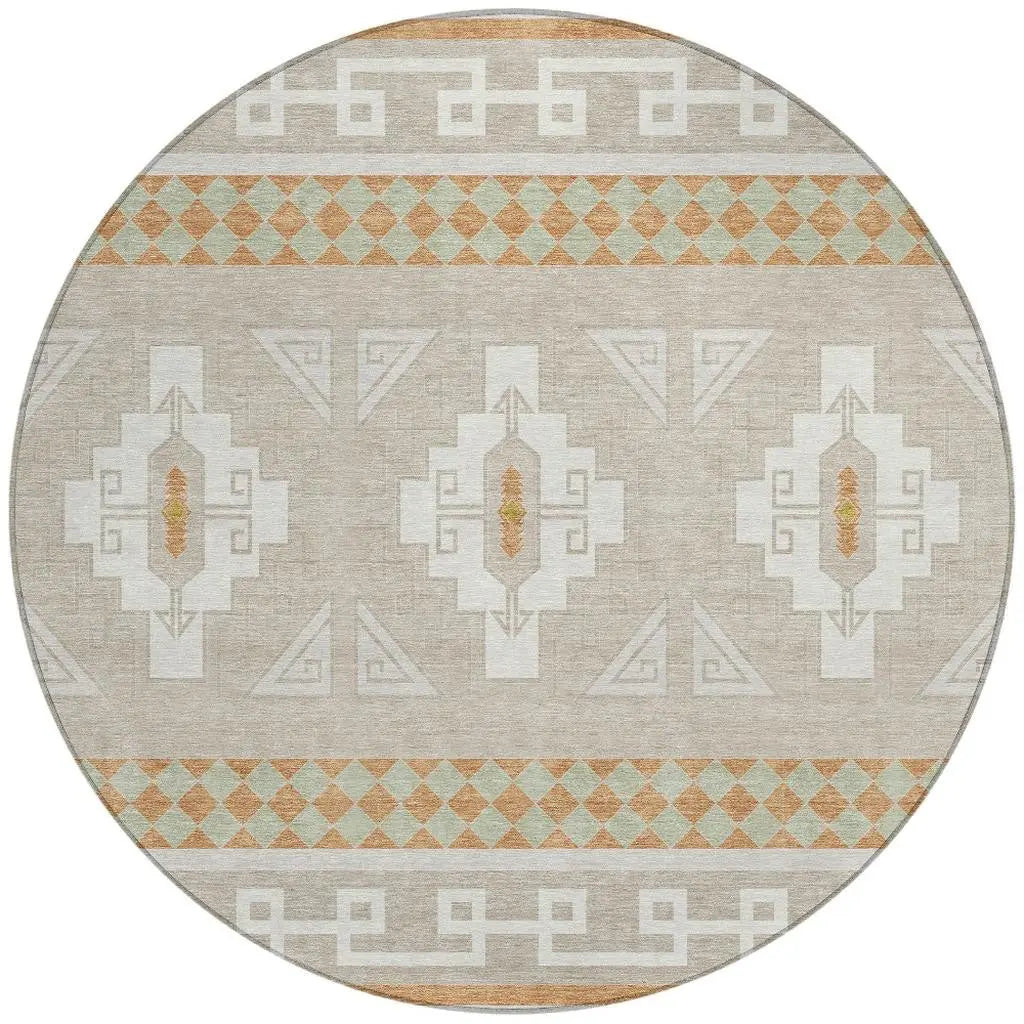 8' Ivory And Green Round Tribal Washable Indoor Outdoor Area Rug Homeroots Outdoor