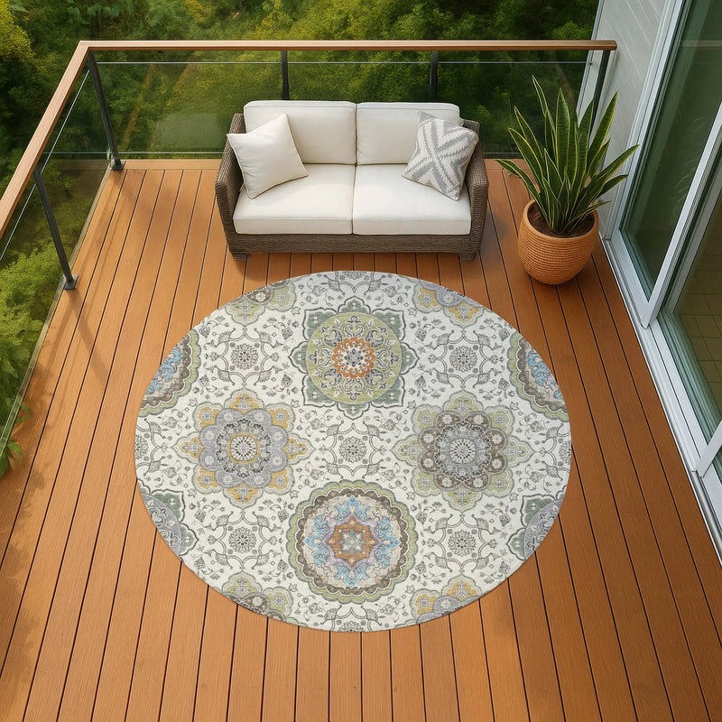 8' Ivory And Khaki Round Floral Medallion Washable Indoor Outdoor Area Rug Homeroots Outdoor