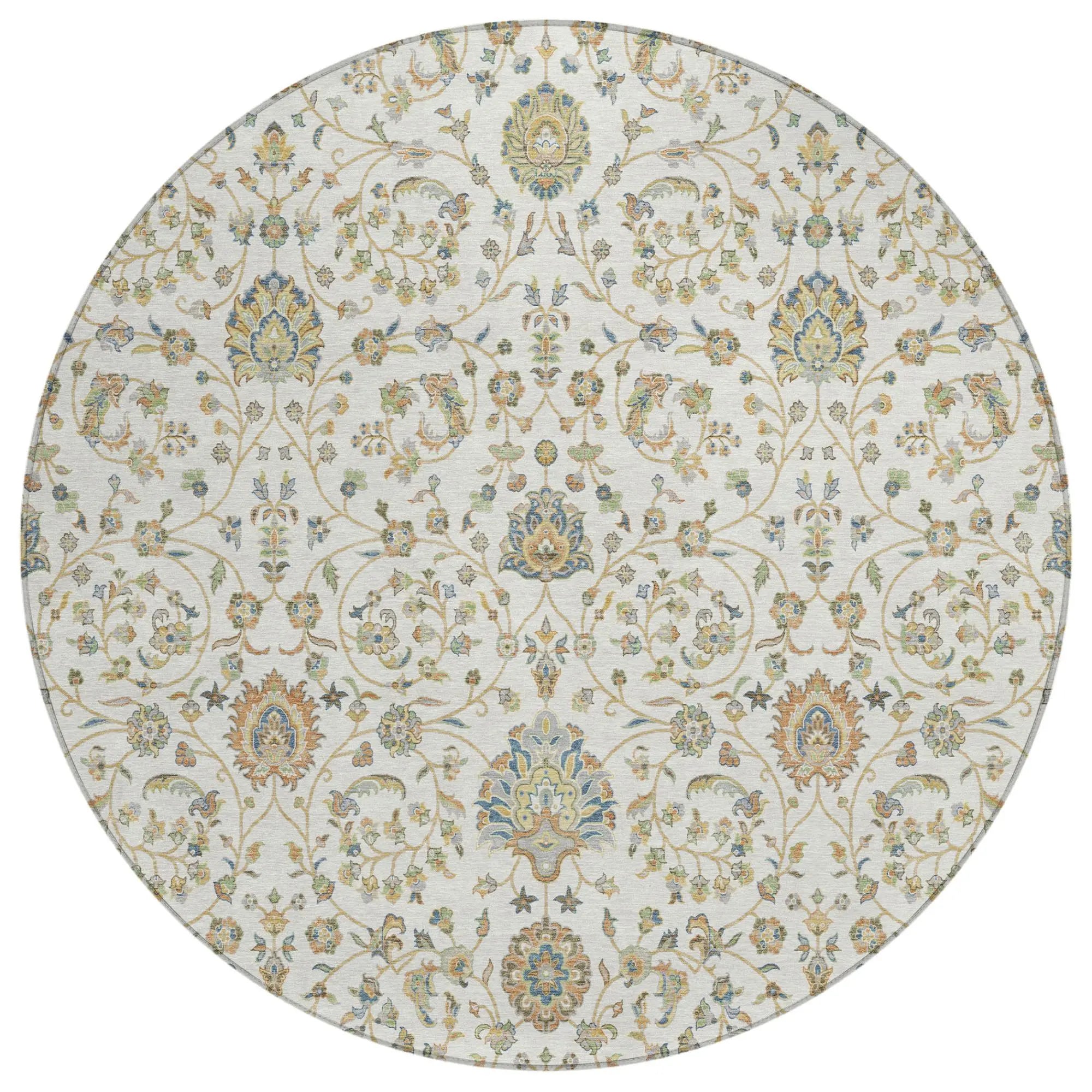 8' Ivory And Khaki Round Floral Washable Indoor Outdoor Area Rug Homeroots Outdoor