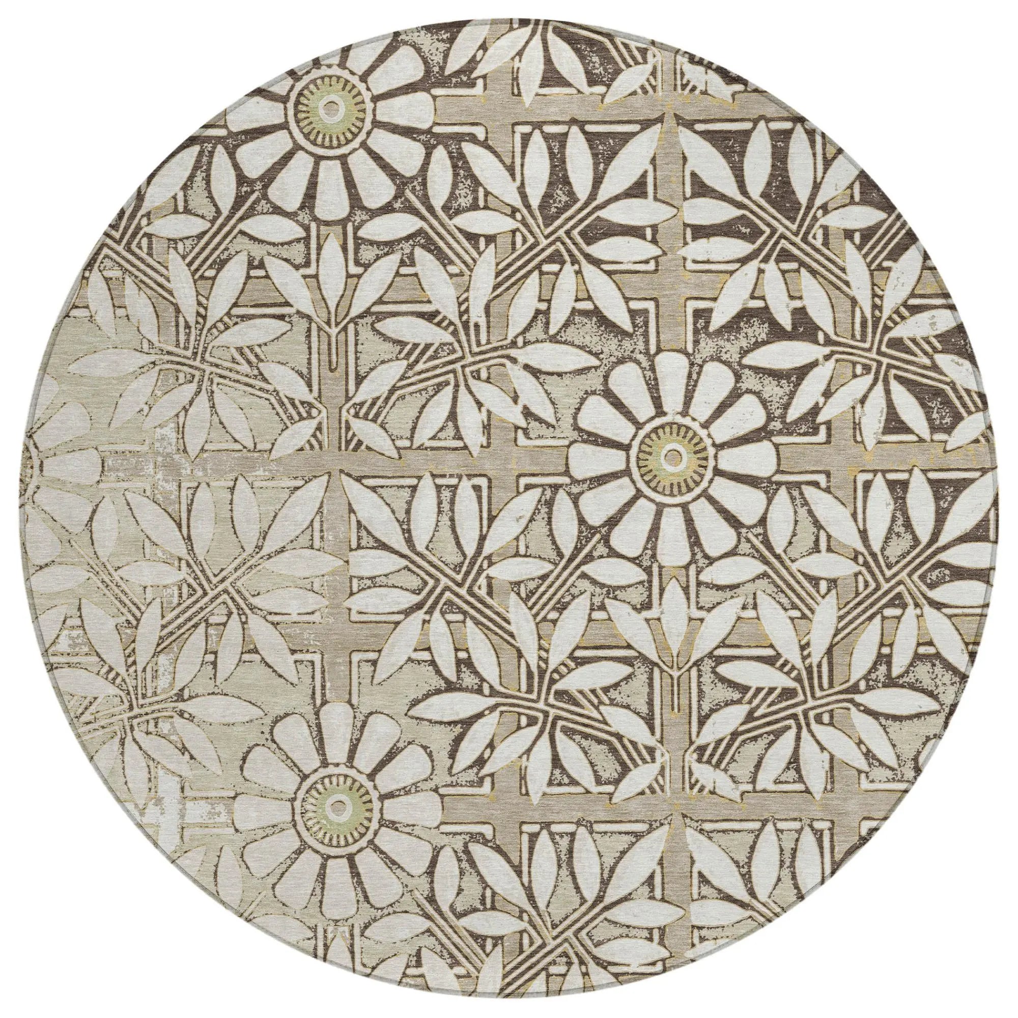 Round floral area rug in beige and cream, featuring intricate leaf and flower patterns on durable woven material.